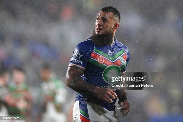 Addin Fonua-Blake of the Warriors reacts after being sent to the sin-bin for a high tackle on Cameron Murray of the Rabbitohs during the round 18 NRL...