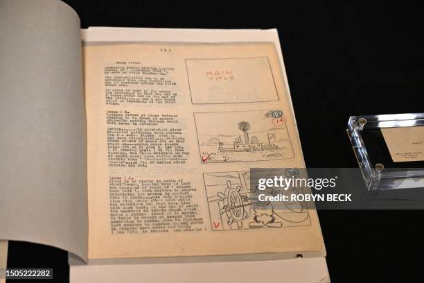 The original 1928 script for Disney's "Steamboat Willie," the first cartoon to star Mickey Mouse, is displayed during a media tour of the Walt Disney...
