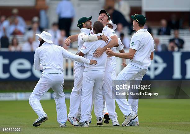 South Africa celebrate winning the series during day five of 3rd Investec Test match between England and South Africa at Lord's Cricket Ground on...