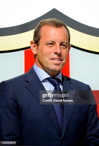 Barcelona President Sandro Rosell looks on during the presentation of Alex Song after signing for FC Barcelona at Camp Nou on August 20, 2012 in...