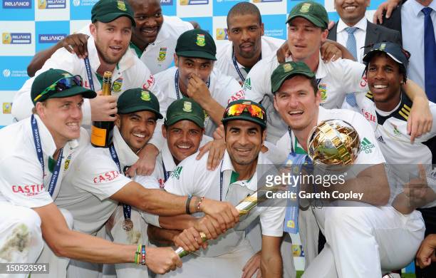 South Africa celebrates with the ICC World Test mace after winning 3rd Investec Test match between England and South Africa at Lord's Cricket Ground...