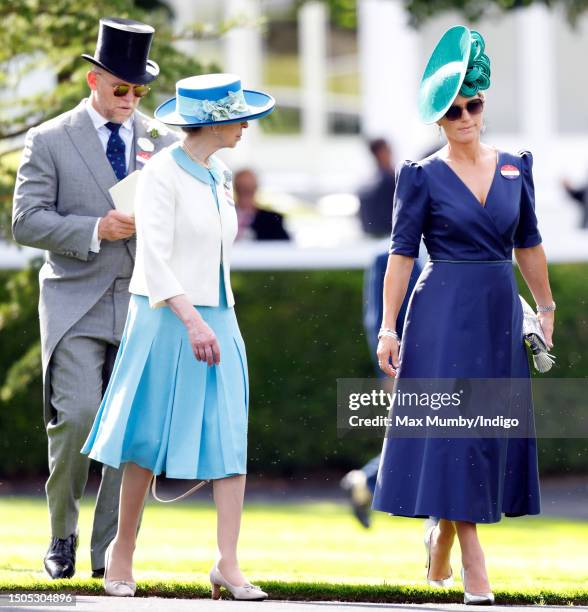 Mike Tindall, Princess Anne, Princess Royal and Zara Tindall attend day 2 of Royal Ascot 2023 at Ascot Racecourse on June 21, 2023 in Ascot, England.