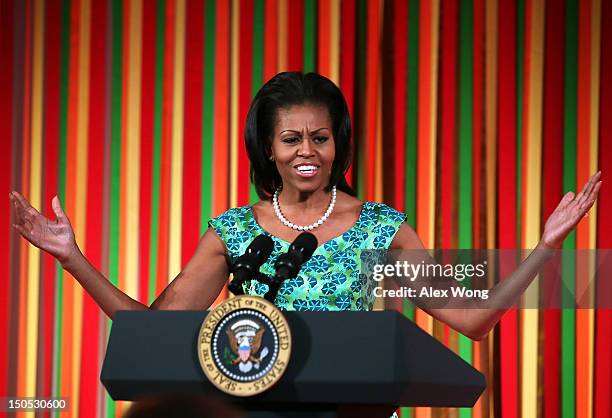 First lady Michelle Obama speaks during a Kids' "State Dinner" luncheon at the East Room of the White House August 20, 2012 in Washington, DC....