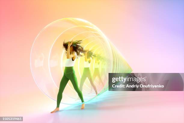 escaping from metaverse portal. - human-evolution-woman stock pictures, royalty-free photos & images
