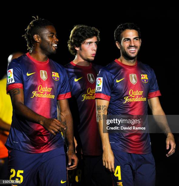 Newly signed FC Barcelona player Alex Song jokes with his new teammate Cesc Fabregas prior to the Joan Gamper Trophy friendly match between FC...