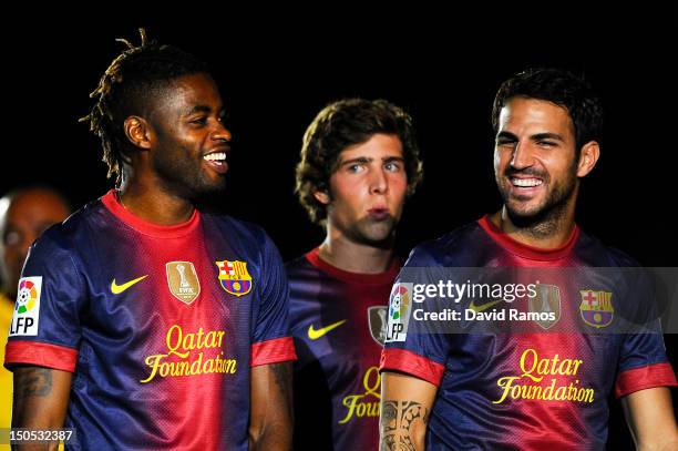 Newly signed FC Barcelona player Alex Song jokes with his new teammate Cesc Fabregas prior to the Joan Gamper Trophy friendly match between FC...