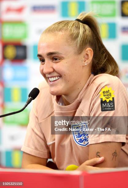 Georgia Stanway of England speaks to the media during a press conference at St George's Park on June 30, 2023 in Burton upon Trent, England.