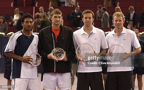 Mahesh Bhupathi and Max Mirnyi, Daniel Nestor and Mark Knowles with their trophies after Knowles and Nestors straight sets victory in the final over...