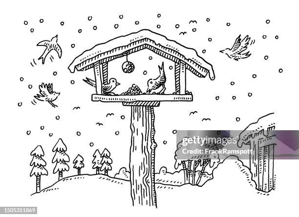 ilustraciones, imágenes clip art, dibujos animados e iconos de stock de aviario dibujo de aves de invierno - zoo animals black and white clip art