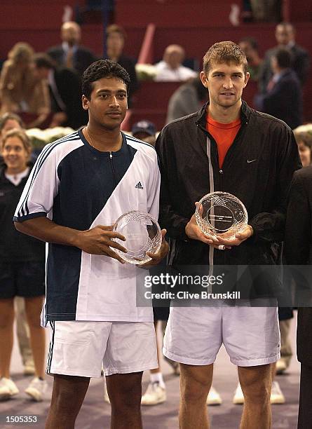 Mahesh Bhupathi and Max Mirnyi with their runners-up trophies after Knowles and Nestors straight sets victory in the final during the Tennis Masters...