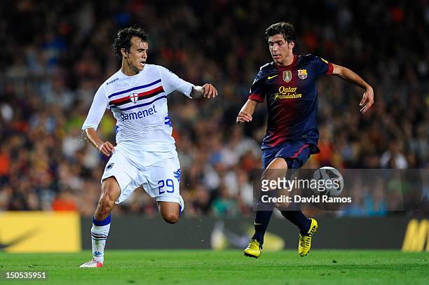 Juan Antonio of Sampdoria duels for the ball with Sergio Roberto of FC Barcelona during the Joan Gamper Trophy friendly match between FC Barcelona...