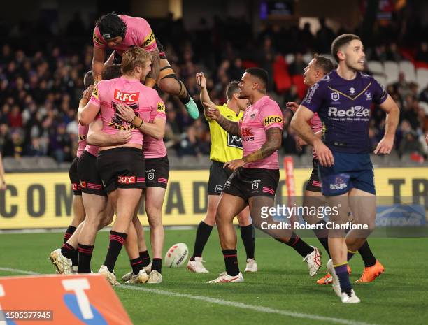 Liam Martin of the Panthers celebrates after scoring a try during the round 18 NRL match between Melbourne Storm and Penrith Panthers at Marvel...