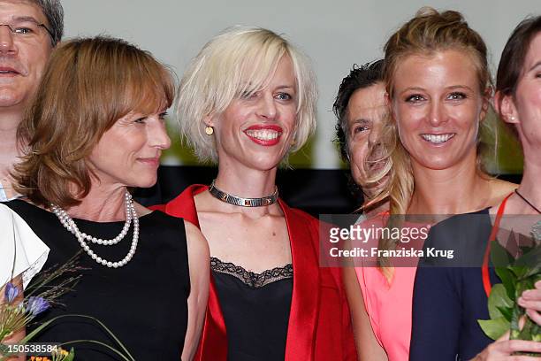 Corinna Harfouch, Katja Eichinger and Nina Eichiinger attend the 'First Step Awards 2012' in the Stage Theater Potsdamer Platz on August 20, 2012 in...