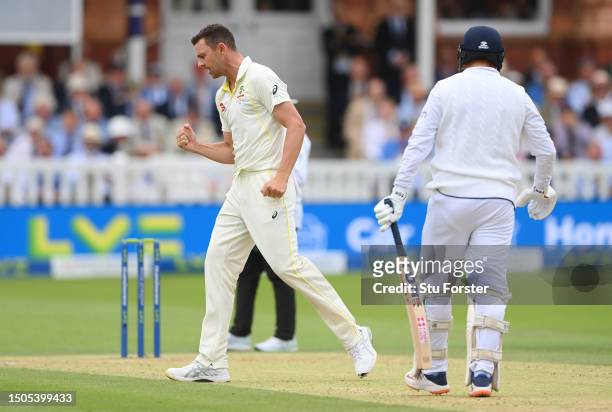 Josh Hazlewood of Australia celebrates after dismissing Jonny Bairstow of England during Day Three of the LV= Insurance Ashes 2nd Test match between...