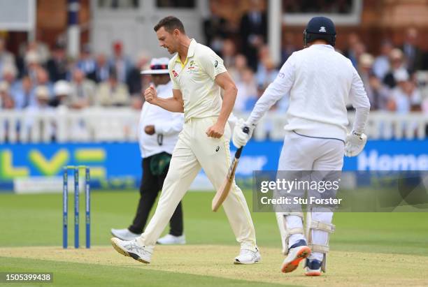 Josh Hazlewood of Australia celebrates after dismissing Jonny Bairstow of England during Day Three of the LV= Insurance Ashes 2nd Test match between...