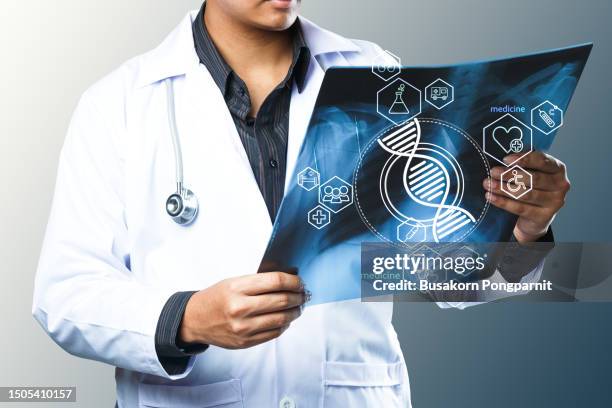 medical doctor looking virtual interface of healthcare application, concept about health technology background - infectious disease contact diagram stock pictures, royalty-free photos & images