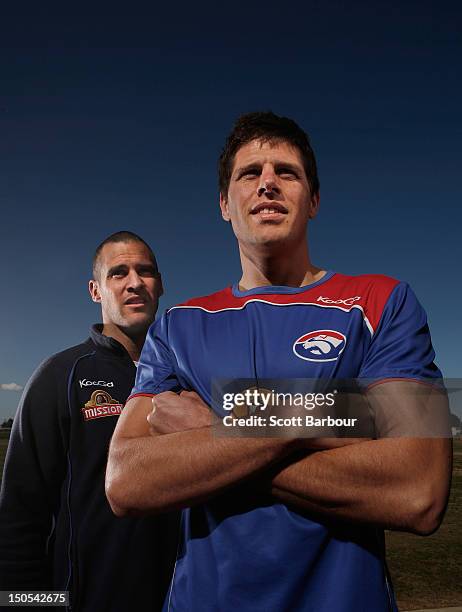 Lindsay Gilbee and Ryan Hargrave of the Bulldogs pose after announcing they are both retiring during a Western Bulldogs AFL Media Session at Whitten...