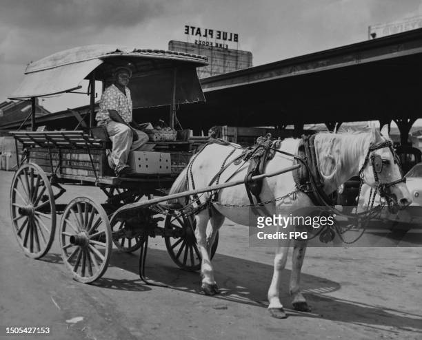 Man driving a horse-drawn cart, loaded with crates of fruit and vegetables in New Orleans, Louisiana, circa 1955. In the background in a sign for...