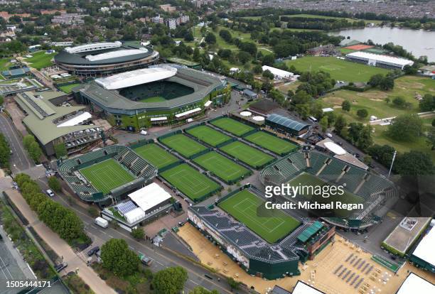 An aerial view of the All England Lawn Tennis & Croquet Club ahead of The Championships Wimbledon 2023 at on June 29, 2023 in London, England.