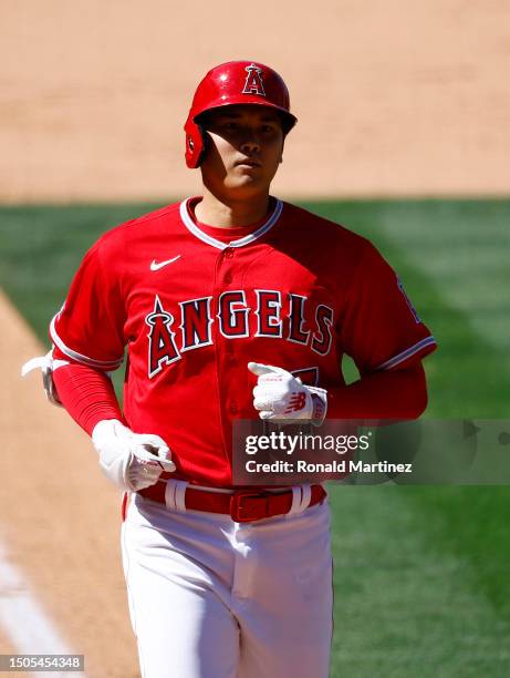 Shohei Ohtani of the Los Angeles Angels celebrates a home run against the Chicago White Sox in the ninth inning at Angel Stadium of Anaheim on June...