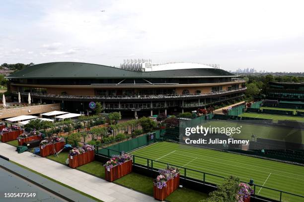 General view of Centre Court and the surrounding courts is seen ahead of The Championships - Wimbledon 2023 at All England Lawn Tennis and Croquet...