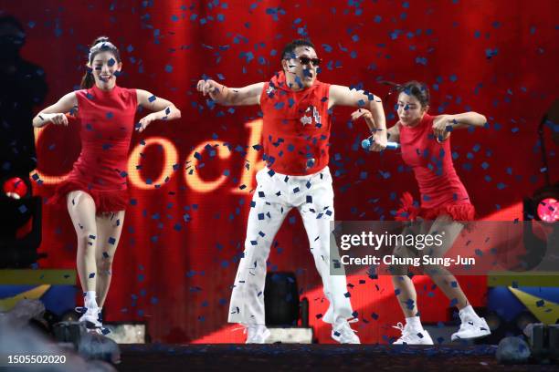 Singer PSY performs on stage during his "Soak Show SUMMER SWAG 2023" on June 30, 2023 in Seoul, South Korea.