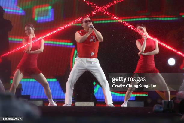 Singer PSY performs on stage during his "Soak Show SUMMER SWAG 2023" on June 30, 2023 in Seoul, South Korea.