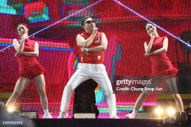 Singer PSY performs on stage during his "Soak Show SUMMER SWAG 2023" on June 30, 2023 in Seoul, South Korea.