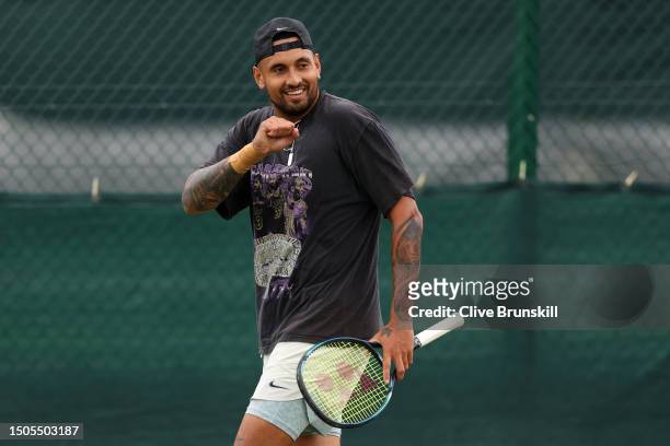 Nick Kyrgios of Australia reacts during a practice session ahead of The Championships - Wimbledon 2023 at All England Lawn Tennis and Croquet Club on...