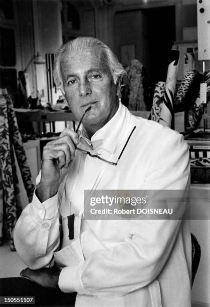 French fashion designer Hubert de Givenchy in in his workshop, 1985 in Paris, France.