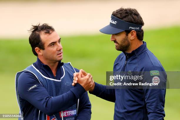 Antoine Rozner of France shakes hands with his caddie on the 9th green during Day Two of the Betfred British Masters hosted by Sir Nick Faldo 2023 at...