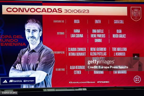 Sign shows the names of the Spain players during the press conference attended by Jorge Vilda, Spain's head coach, to give the names of players for...