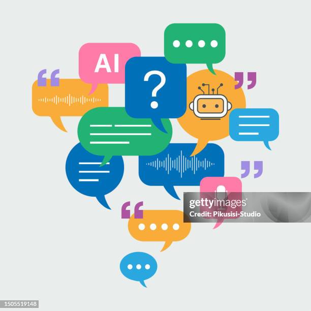 chatbot ai chat robot speech bubble technology, talking chatting speech bubble. conversation with an artificial intelligence service. virtual assistant for customer support information. - speech recognition stock illustrations