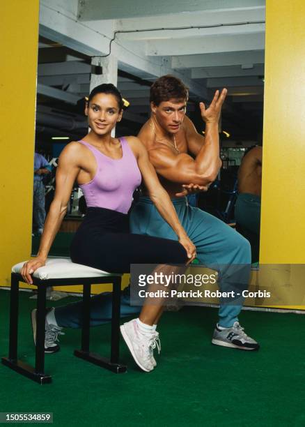 Martial arts actor Jean-Claude Van Damme and wife Gladys Portugues at the Weider Gym in Paris.