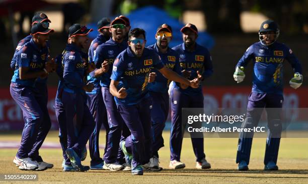 Maheesh Theekshana of Sri Lanka celebrates the wicket of Saqib Zulfiqar of Netherlands during the ICC Men's Cricket World Cup Qualifier Zimbabwe 2023...