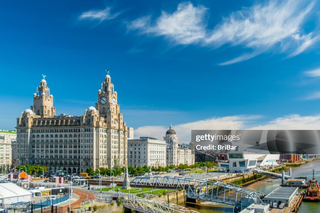 Liverpool City Skyline, Waterfront And The Three Graces