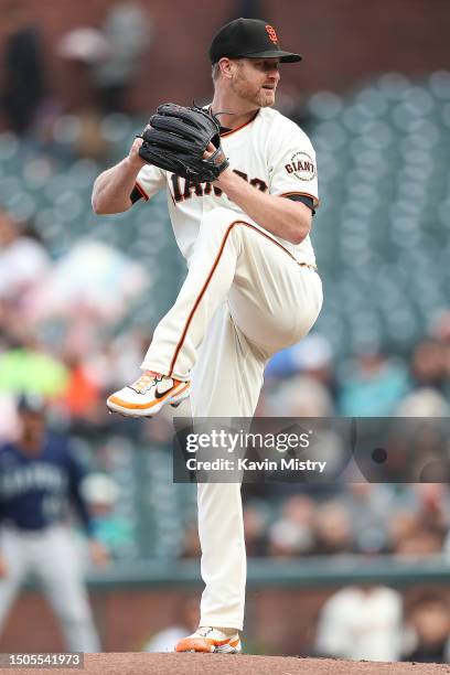 Alex Cobb of the San Francisco Giants pitches in the top of the first inning against the Seattle Mariners at Oracle Park on July 5, 2023 in San...