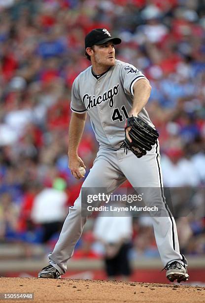 Philip Humber of the Chicago White Sox pitches against the Texas Rangers against the on July 28, 2012 at the Rangers Ballpark in Arlington in...