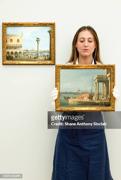 Two Venice views by Canaletto go on public view at Sotheby’s on June 30, 2023 in London, England. The painting will be offered as part of the Old...