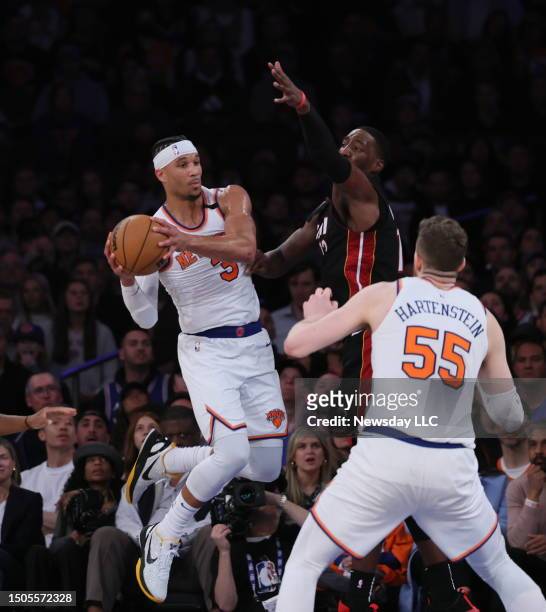 New York Knicks guard Josh Hart goes up against Miami Heat center Bam Adebayo in 3rd quarter during game two of the Eastern Conference Semifinal...