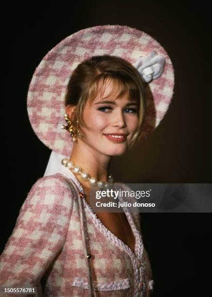 German model Claudia Schiffer at a Paris fashion event. Schiffer began her fashion career just three years earlier when she was discovered in a...