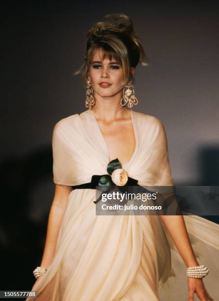 German model Claudia Schiffer at a Paris fashion event. Schiffer began her fashion career just three years earlier when she was discovered in a...