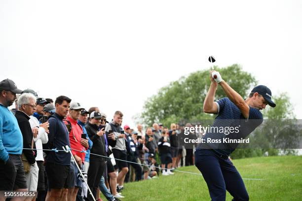 Justin Rose of England plays his second shot on the 3rd hole during Day Two of the Betfred British Masters hosted by Sir Nick Faldo 2023 at The...