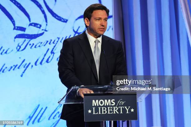 Republican presidential candidate Florida Gov. Ron DeSantis speaks during the Moms for Liberty Joyful Warriors national summit at the Philadelphia...