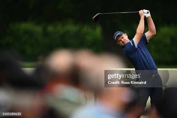 Justin Rose of England tees off on the 4th hole during Day Two of the Betfred British Masters hosted by Sir Nick Faldo 2023 at The Belfry on June 30,...