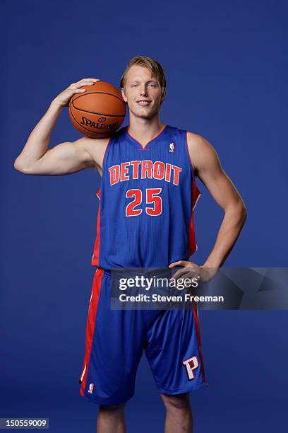 Kyle Singler of the Detroit Pistons poses for a portrait during the 2012 NBA rookie photo shoot on August 21, 2012 at the MSG Training Facility in...