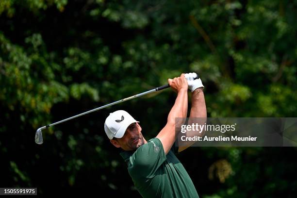 Lee Slattery of England plays his first shot on the 1st hole during Day Two of Le Vaudreuil Golf Challenge at Golf PGA France du Vaudreuil on June...