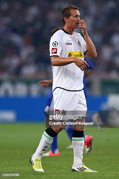 Luuk de Jong of Moenchengladbach looks dejected during the UEFA Champions League play-off first leg match between Borussia Moenchengladbach and...