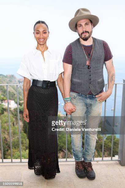 Zoe Saldana and Marco Perego attend the 69th Taormina Film Festival on June 30, 2023 in Taormina, Italy.