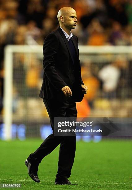 Stale Solbakken, manager of Wolverhampton Wanderers walks off the pitch after the npower Championship match between Wolverhampton Wanderers and...